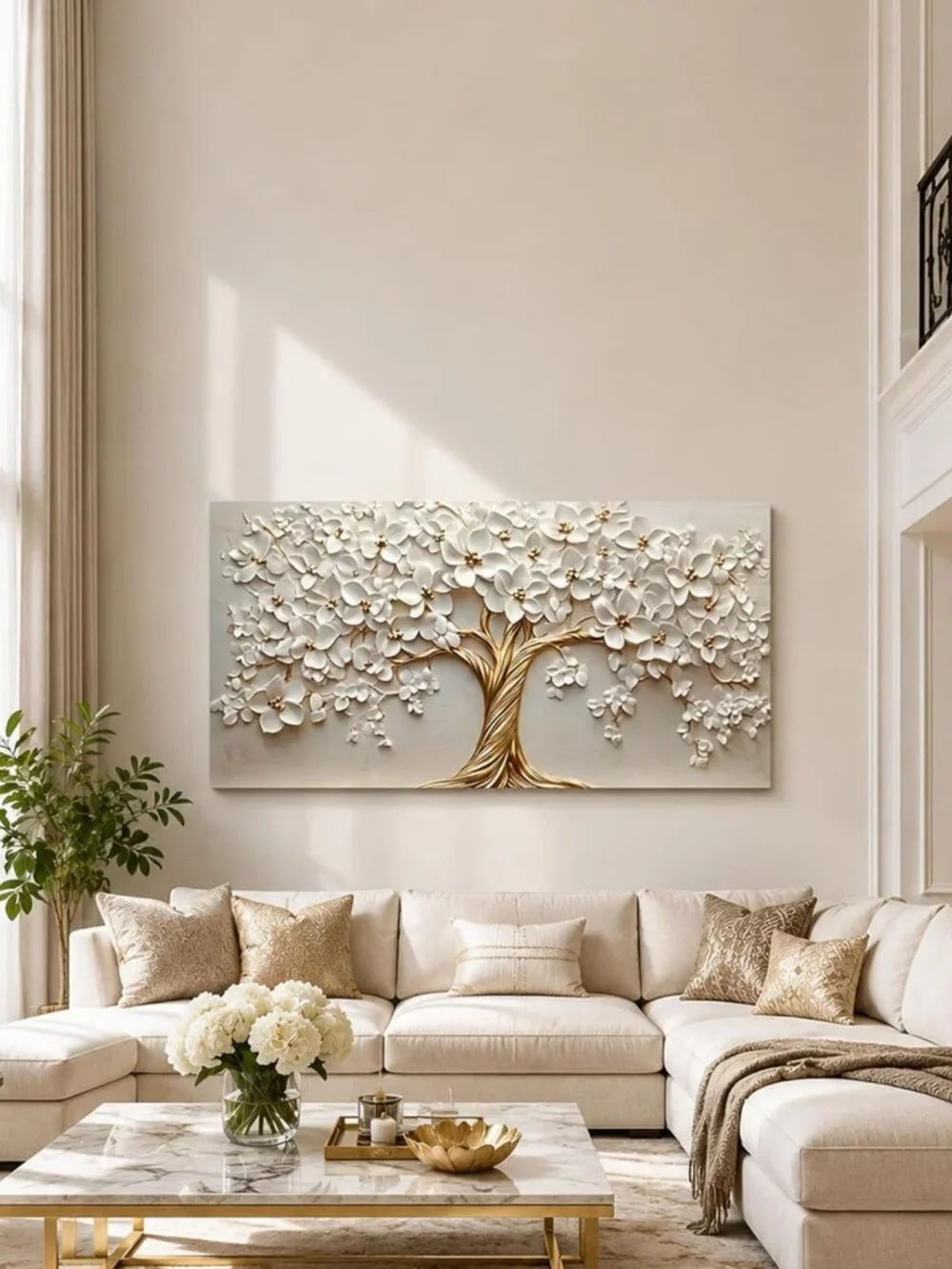Large Tree of Life Canvas Art - Gold Floral Wall Decor for Living Room & Office